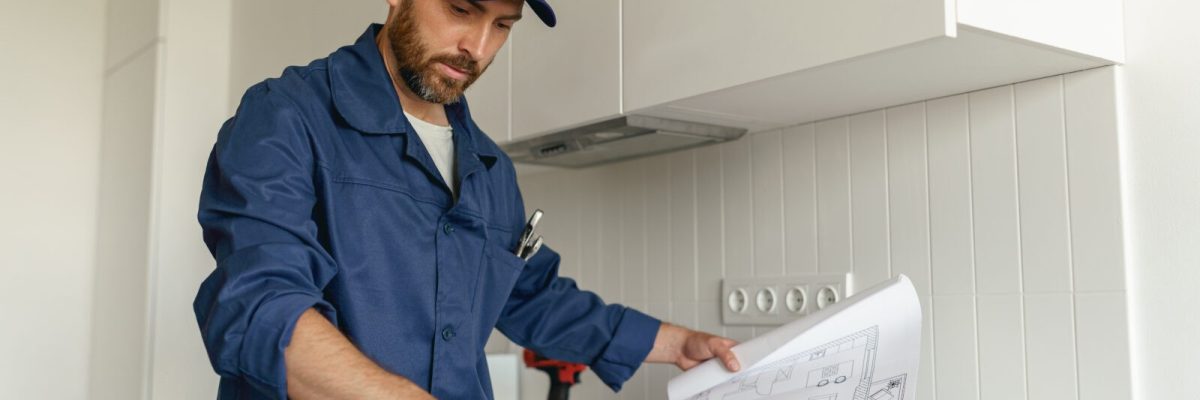 Male worker with toolbox standing on home kitchen background . High quality photo
